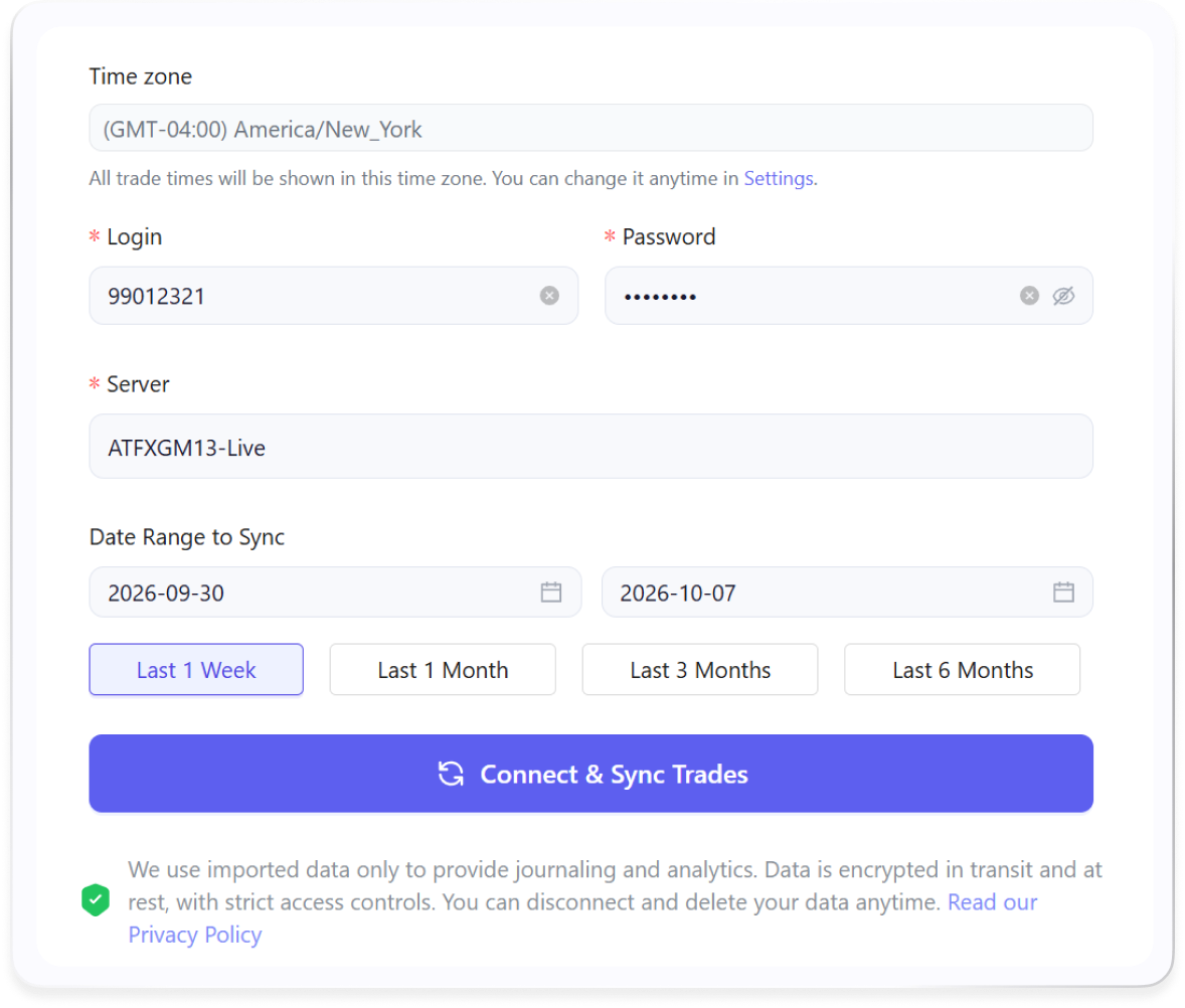 MT4 broker sync form with server name, investor password and date range