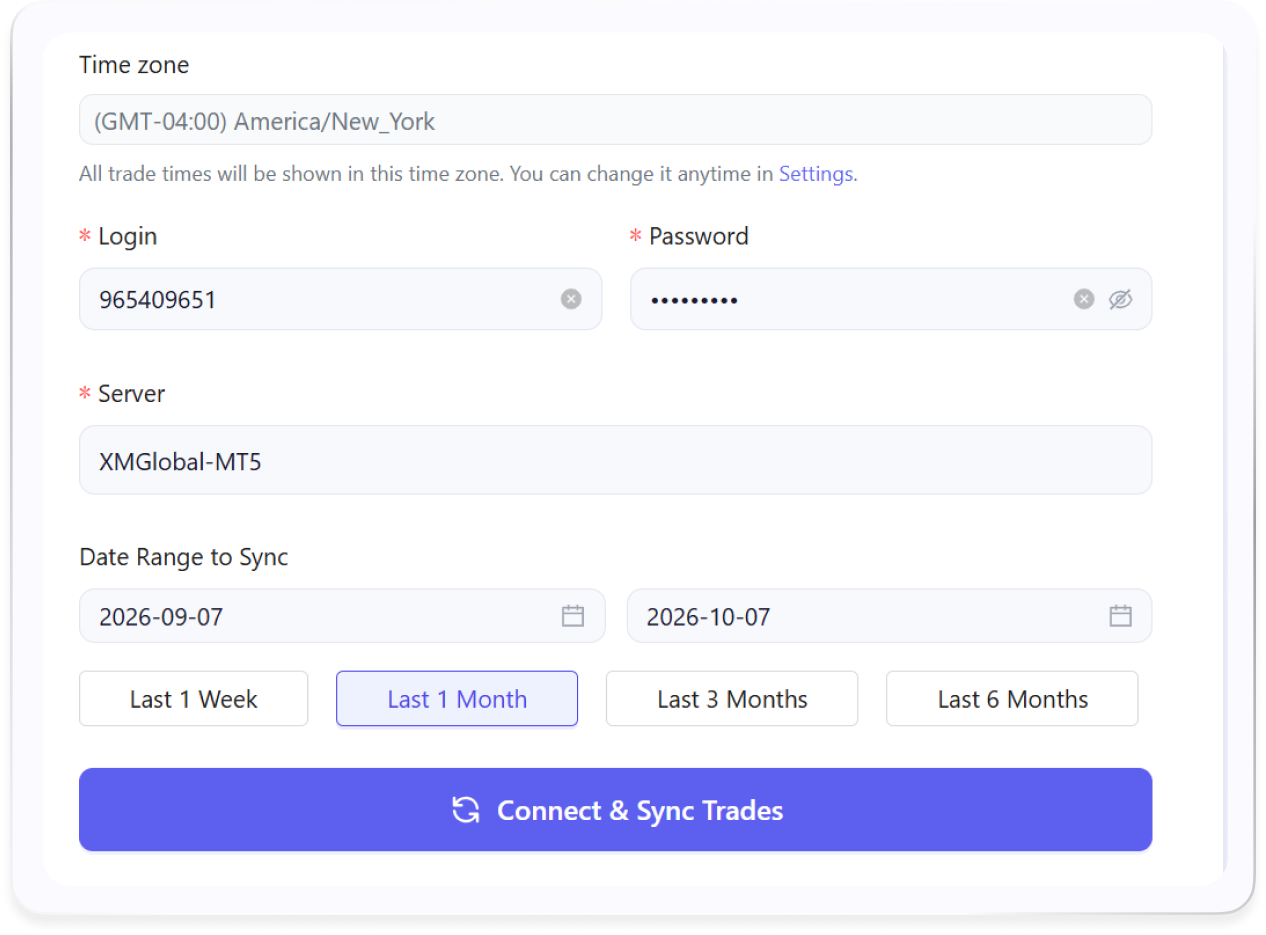MT5 broker sync form with server name, investor password and date range